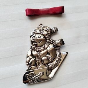 Silverplate Snowman Christmas Tree Ornament with Red Ribbon
